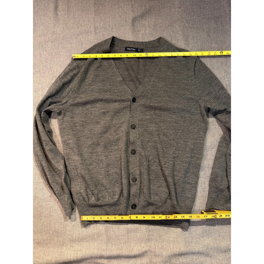 Nautica Mens Merino Wool Cardigan V-Neck Sweater Size Large Gray Preppy